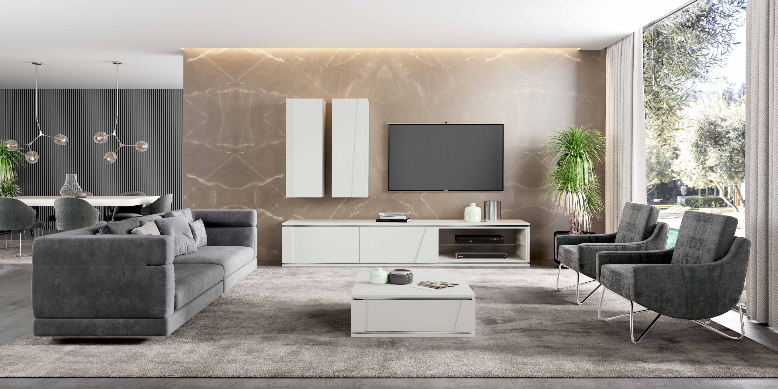 Sala de estar moderna com conjunto de sofás e móvel de tv