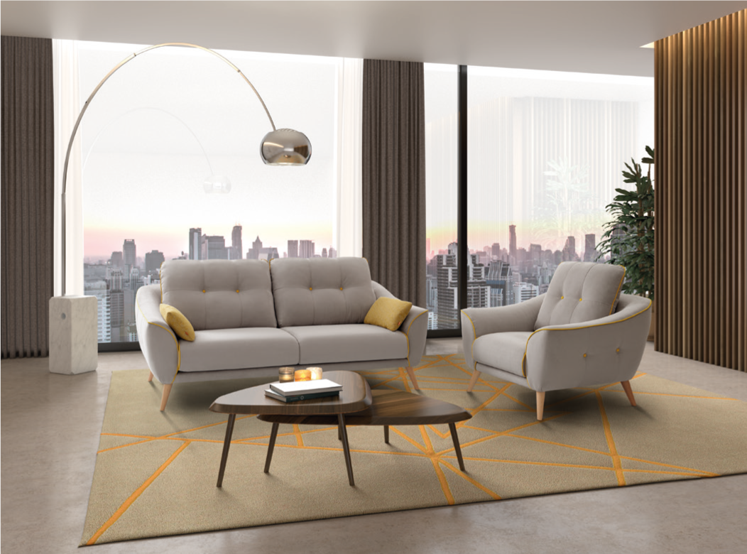 Sofá e cadeirão cinza com almofadas decorativas amarelas