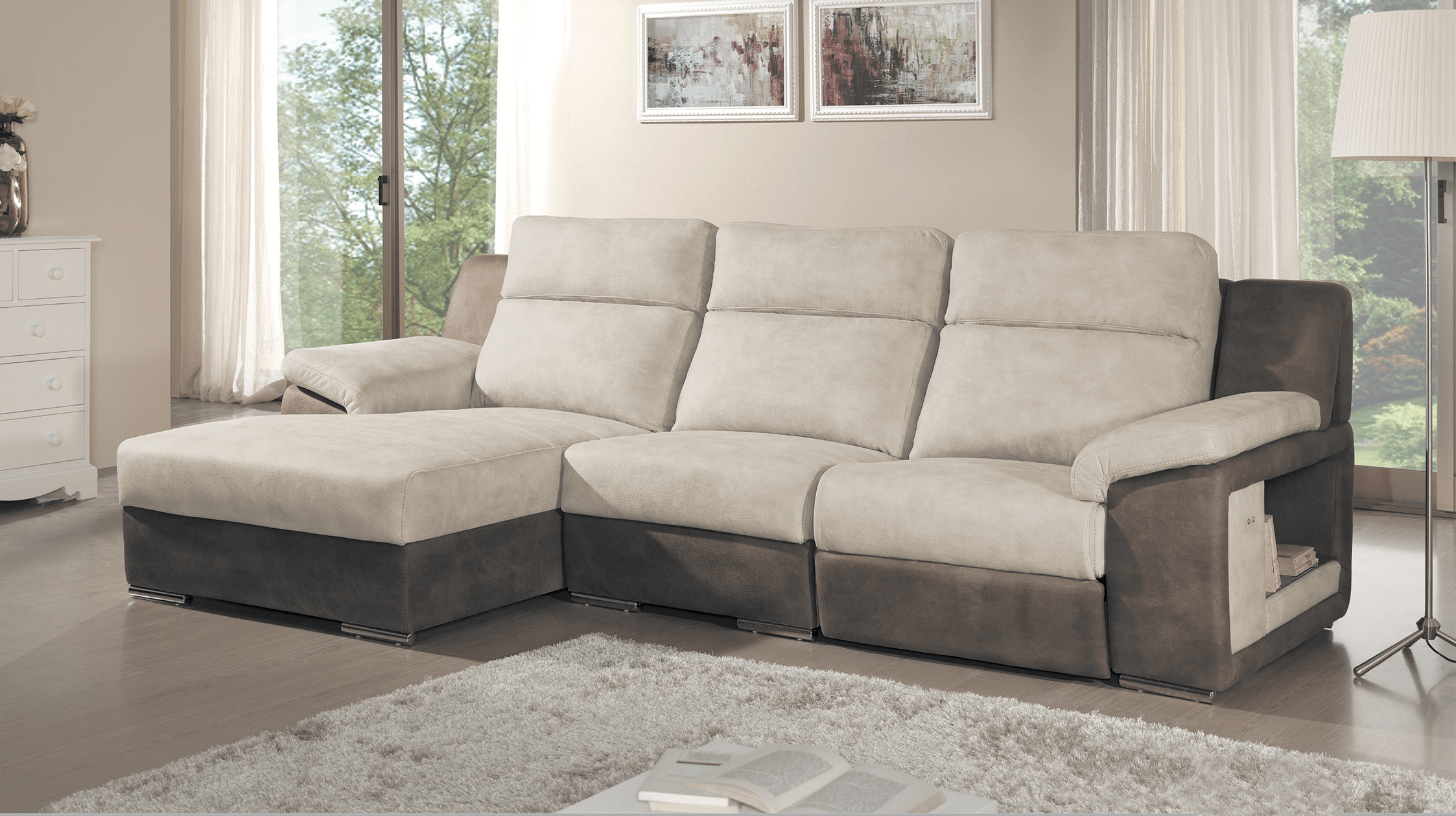 sofá moderno em pele branca e castanha